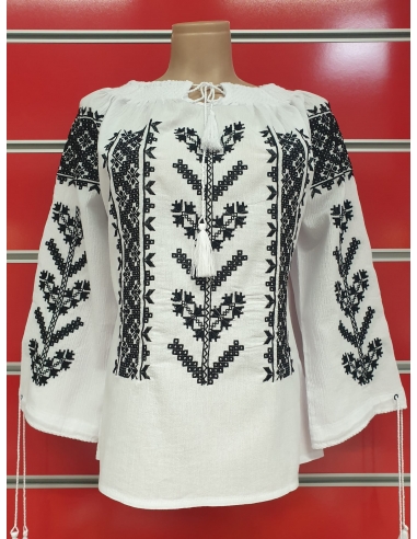 Ie Tradițională Românească Damă – Broderie Neagră Stilizată – Bumbac Natural, M-XXL