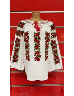 Ie Tradițională Românească Damă – Broderie cu Trandafiri Roșii – Bumbac Natural, M-XXL