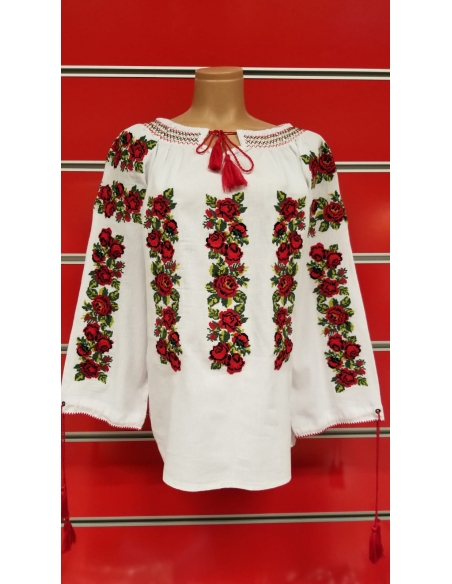 Ie Tradițională Românească Damă – Broderie cu Trandafiri Roșii – Bumbac Natural, M-XXL