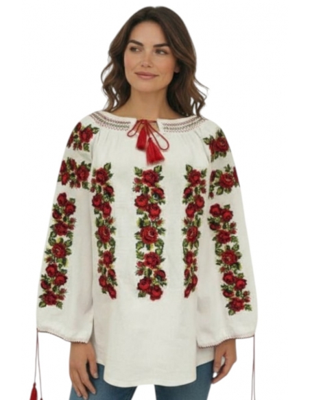 Ie Tradițională Românească Damă – Broderie cu Trandafiri Roșii – Bumbac Natural, M-XXL