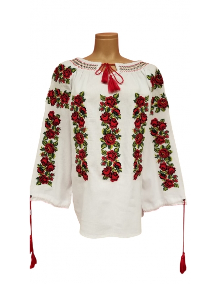 Ie Tradițională Românească Damă – Broderie cu Trandafiri Roșii – Bumbac Natural, M-XXL