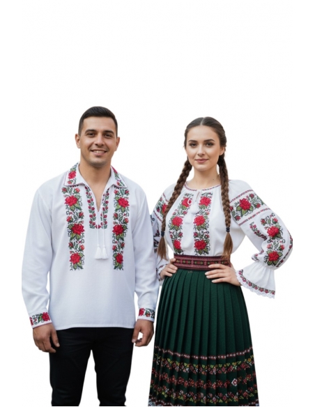 Set Tradițional Românesc pentru Cuplu – Ii Brodate cu Flori Roșii și Verzi