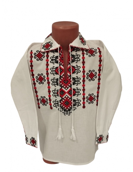 Ie Tradițională Românească pentru Băieți – Broderie Roșie și Neagră, Bumbac Natural (2–16 ani)