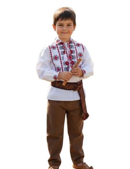 Ie Tradițională Românească pentru Băieți – Broderie Roșie și Neagră, Bumbac Natural (2–16 ani)