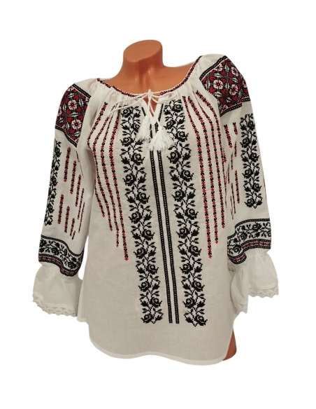 Ie Tradițională Românească Damă – Mâneca Lungă, Broderie Neagră și Roșie (S–3XL)