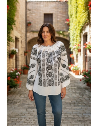 Ie tradițională românească albă cu broderie neagră, din bumbac natural, mânecă lungă – IiRomanesti.ro