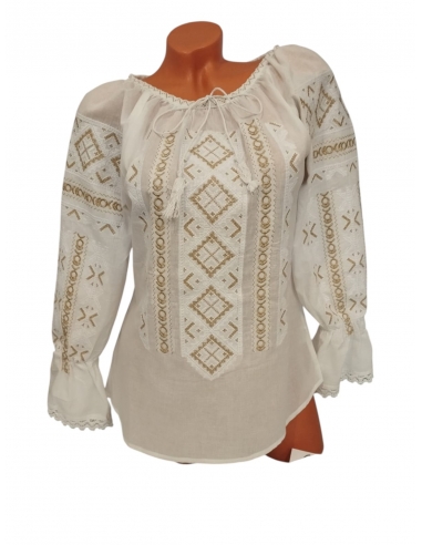 Ie Tradițională Românească Albă cu Broderie Aurie – Mâneca Lungă, Model Elegant din Bumbac