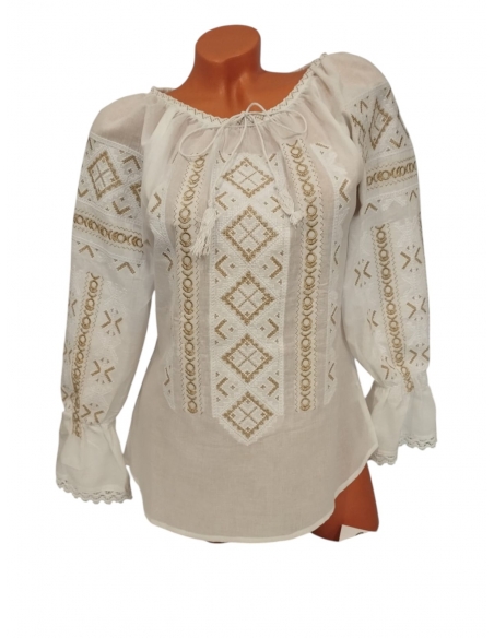 Ie Tradițională Românească Albă cu Broderie Aurie – Mâneca Lungă, Model Elegant din Bumbac