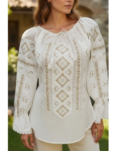 Ie Tradițională Românească Albă cu Broderie Aurie – Mâneca Lungă, Model Elegant din Bumbac