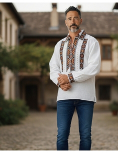 Camasa Traditionala Barbateasca Alba cu Broderie Maro si Neagra – Model Romanesc din Bumbac Natural