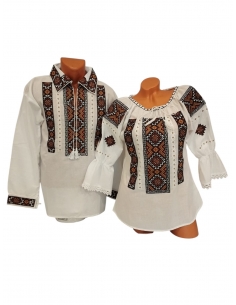 Set Traditional Cuplu – Camasa Barbateasca si Ie Romaneasca Alba cu Broderie Maro si Neagra din Bumbac