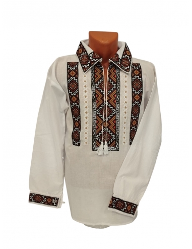 Set Traditional Cuplu – Camasa Barbateasca si Ie Romaneasca Alba cu Broderie Maro si Neagra din Bumbac