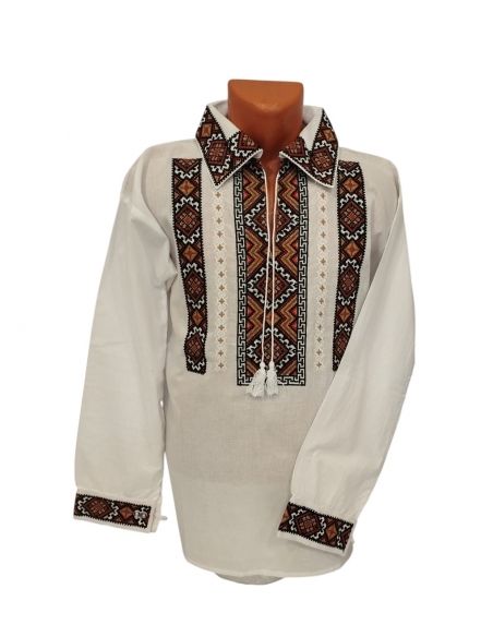 Set Traditional Cuplu – Camasa Barbateasca si Ie Romaneasca Alba cu Broderie Maro si Neagra din Bumbac