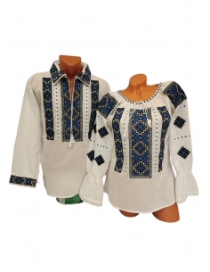 Set Traditional Cuplu – Camasa Barbateasca si Ie Romaneasca Alba cu Broderie Albastra si Neagra din Bumbac