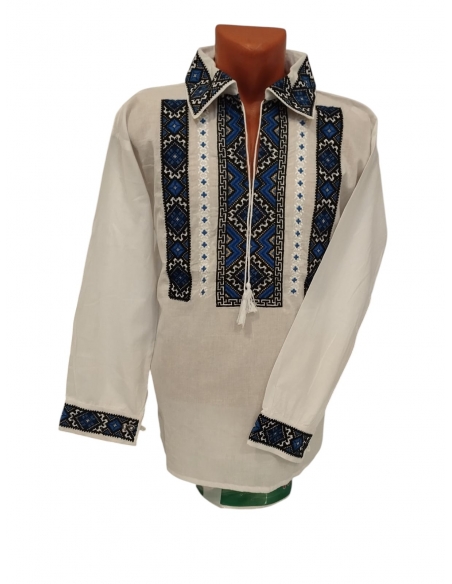 Set Traditional Cuplu – Camasa Barbateasca si Ie Romaneasca Alba cu Broderie Albastra si Neagra din Bumbac