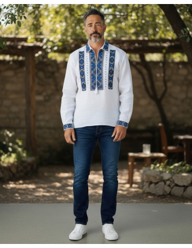 Set Traditional Cuplu – Camasa Barbateasca si Ie Romaneasca Alba cu Broderie Albastra si Neagra din Bumbac