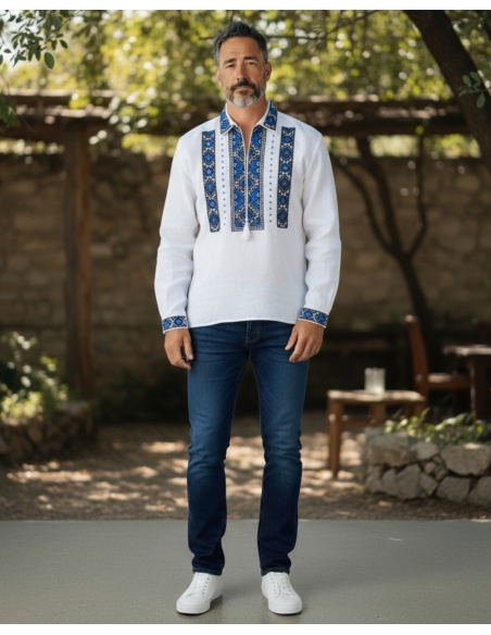 Set Traditional Cuplu – Camasa Barbateasca si Ie Romaneasca Alba cu Broderie Albastra si Neagra din Bumbac