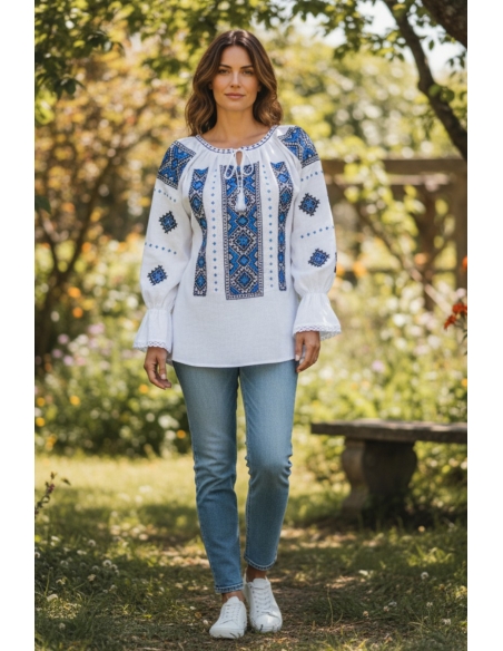 Set Romanesc Cuplu – Camasa Barbateasca si Ie Alba cu Broderie Albastra si Neagra din Bumbac Natural