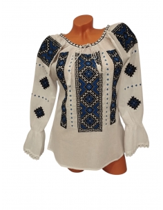 Ie Traditionala Romaneasca Alba cu Broderie Albastra si Neagra – Model Elegant din Bumbac Natural