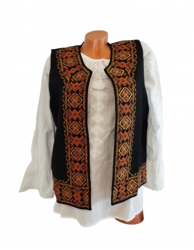 Vesta traditionala romaneasca pentru dama neagra cu broderie portocalie si aurie – IiRomanesti.ro
