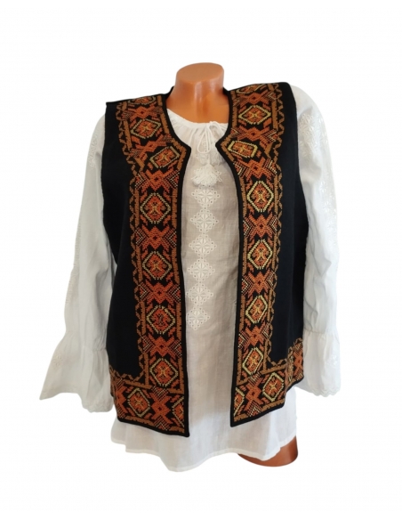 Vesta traditionala romaneasca pentru dama neagra cu broderie portocalie si aurie – IiRomanesti.ro
