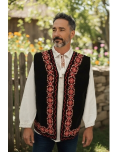Vesta traditionala neagra cu motive geometrice rosii