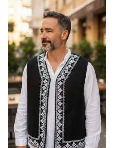 Vesta traditionala neagra cu motive geometrice alb