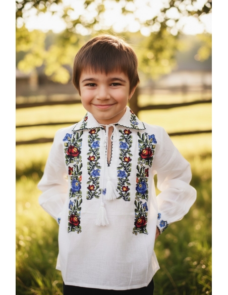Ie Traditionala Baieti Alba cu Broderie Multicolora din Bumbac