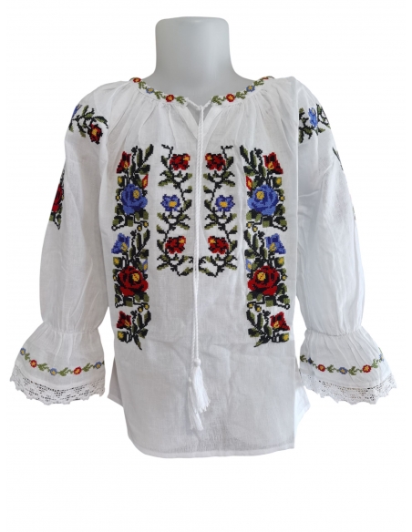 Ie Traditionala Fetite Alba cu Broderie Multicolora – Model Popular Romanesc