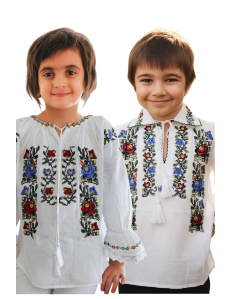 Ie Traditionala Fetite Alba cu Broderie Multicolora – Model Popular Romanesc