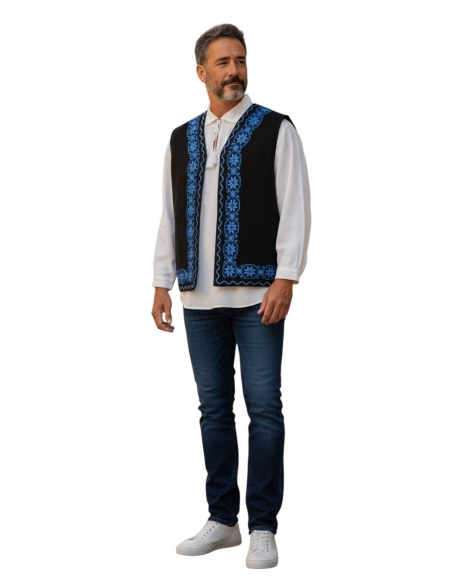 Vesta traditionala neagra cu motive geometrice albastre