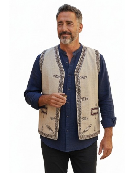 Vesta traditionala barbateasca crem cu broderie neagru rosu