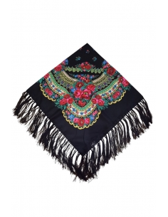 Sal Traditional Negru cu Flori Rosii si Franjuri