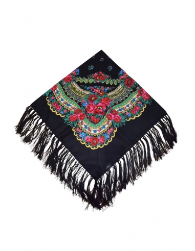 Sal Traditional Negru cu Flori Rosii si Franjuri