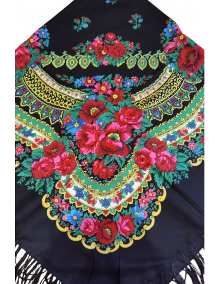 Sal Traditional Negru cu Flori Rosii si Franjuri