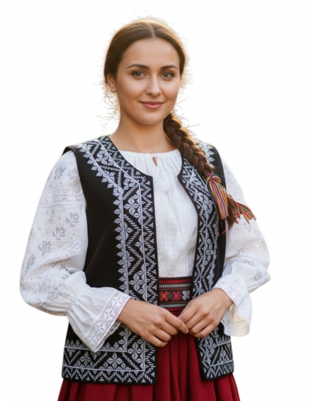 Vesta traditionala dama neagra cu broderie argintie