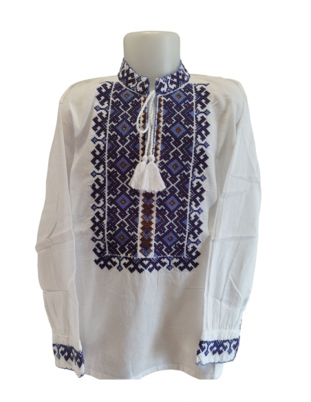 Ie traditionala pentru baieti cu guler tunica si broderie albastra