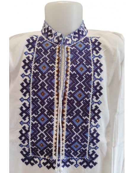 Ie traditionala pentru baieti cu guler tunica si broderie albastra