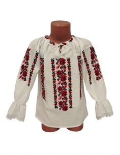 Ie traditionala fetite din bumbac cu broderie rosie florala verticala