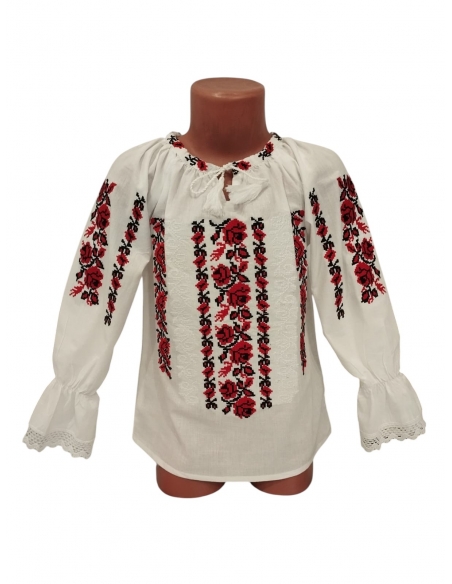 Ie traditionala fetite din bumbac cu broderie rosie florala verticala