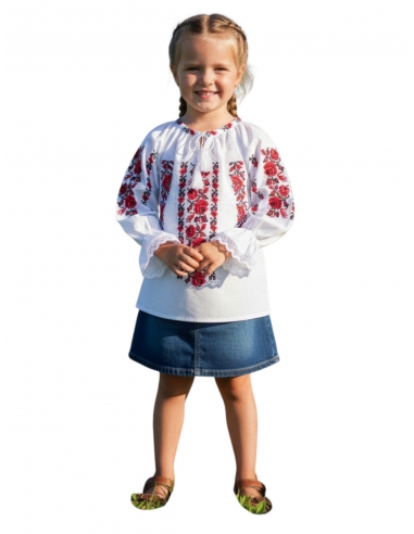 Ie traditionala fetite din bumbac cu broderie rosie florala verticala