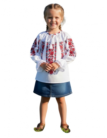 Ie traditionala fetite din bumbac cu broderie rosie florala verticala