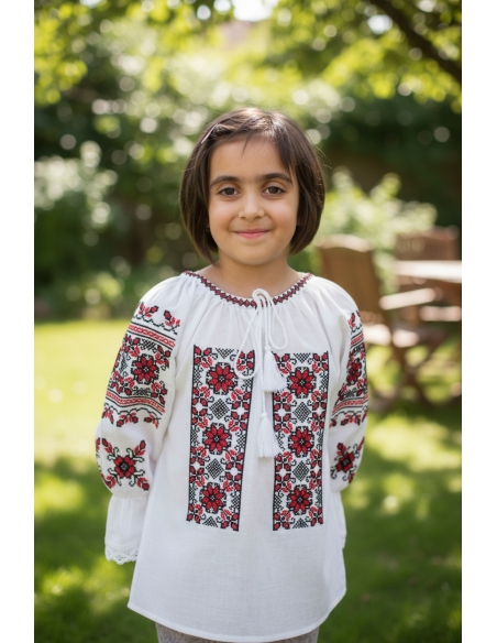 Ie traditionala fetite cu broderie rosie si neagra