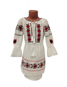 Rochie Traditionala Fetita Alba cu Broderie Rosie si Neagra