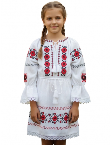 Rochie Traditionala Fetita Alba cu Broderie Rosie si Neagra