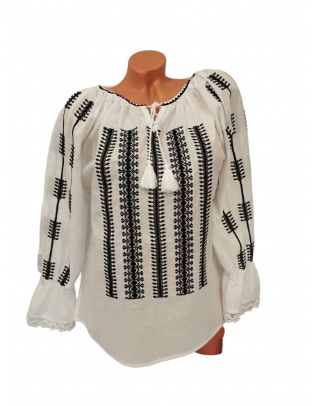 Ie Traditionala Dama Alba cu Broderie Neagra Clasica