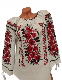 Ie traditionala dama cu broderie florala rosie – model clasic romanesc