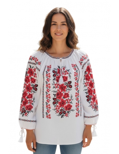 Ie traditionala dama cu broderie florala rosie – model clasic romanesc