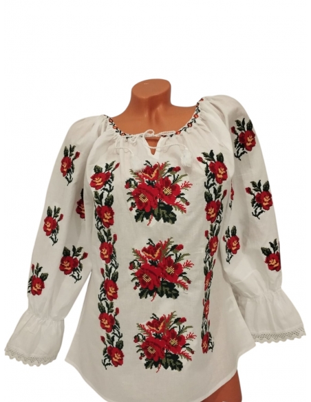 Ie traditionala dama din Muntenia cu broderie florala rosie