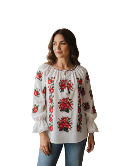 Ie traditionala dama din Muntenia cu broderie florala rosie